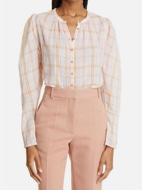 Ulla Johnson Nour Lilac Peach Plaid Cotton Balloon Sleeve Blouse Shirt 6
